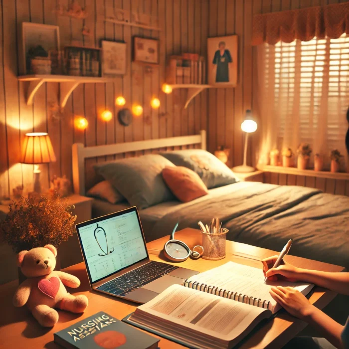 Estudiante de Técnico en Cuidados Auxiliares de Enfermería (T.C.A.E.) en su habitación, dedicado al estudio de sus apuntes y material de preparación para las oposiciones. La imagen refleja el ambiente tranquilo y organizado que necesita un opositor para afrontar su preparación con éxito.